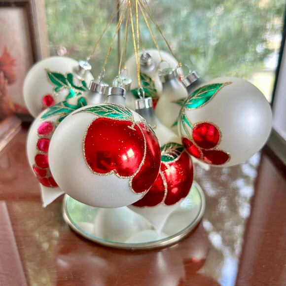 Vintage Blown Glass Ball Ornaments with Glittered Fruit Design - Set of 8 - Picture 2 of 13